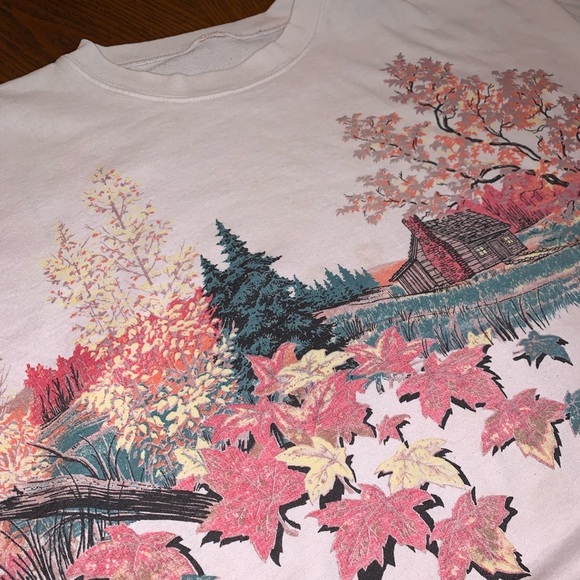 Vintage 90s Baggy Oversized Scenic Autumn Fall Foliage Cabin Print Sweatshirt - Picture 2 of 8